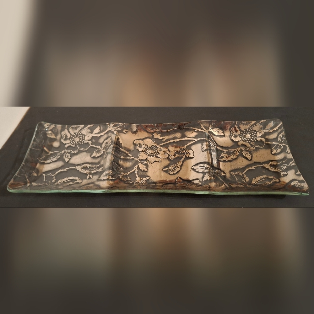 Vtg Mid Century Glass 3 part Serving Tray/Plate Silver Overlay Floral Patter